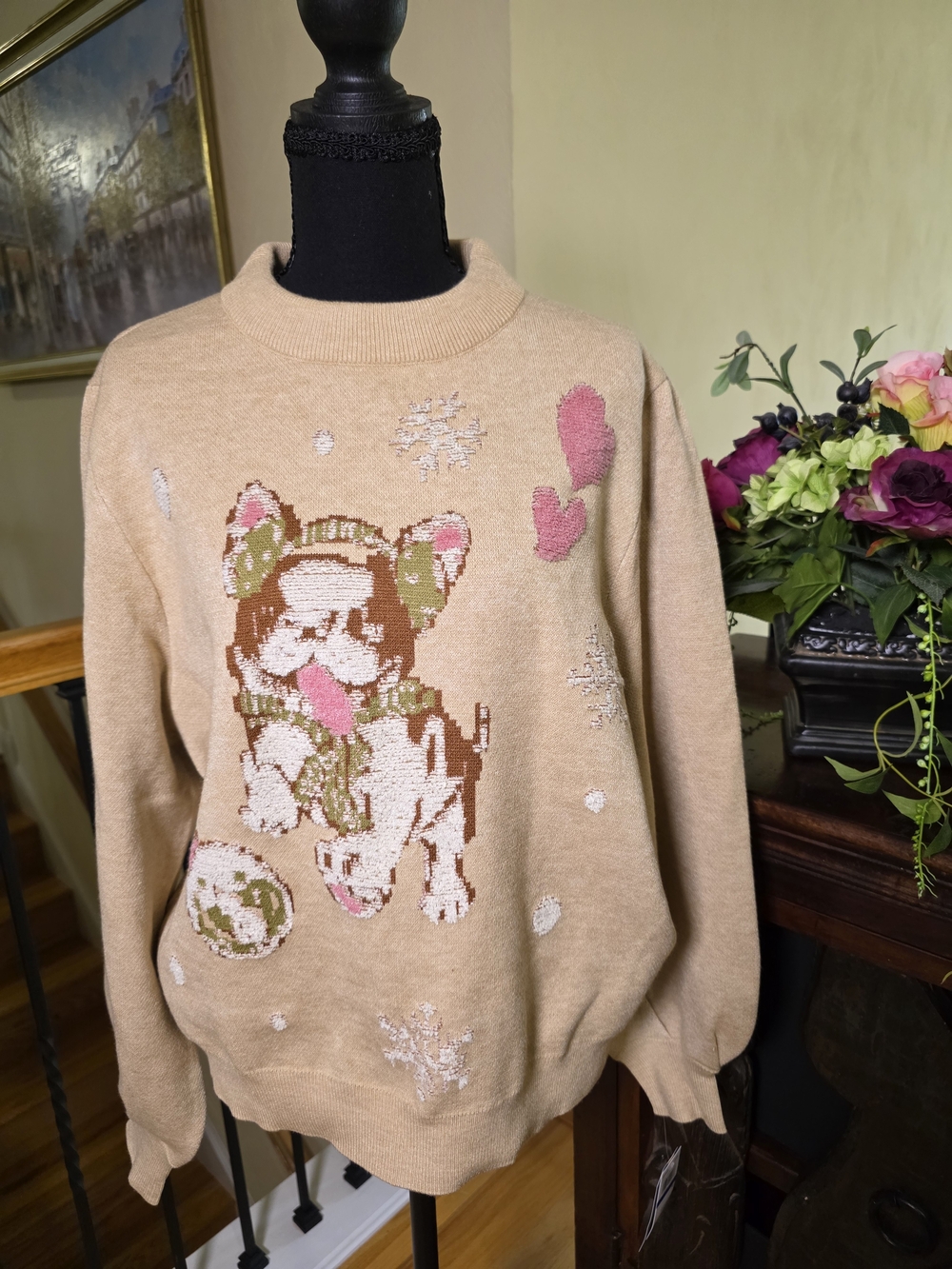 Democracy Beige Crewneck Sweater with Dog & Hearts XL